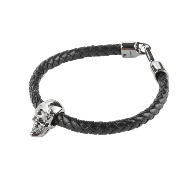 Alexander McQueen Silver Skull Leather Bracelet Black