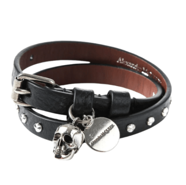 Alexander McQueen Silver Skull Stud Double Wrap Bracelet Black