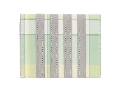 Thom Browne Madras Print on Pebble Grain Leather 4 Bar Applique Stripe Double Card Holder Pastel Green