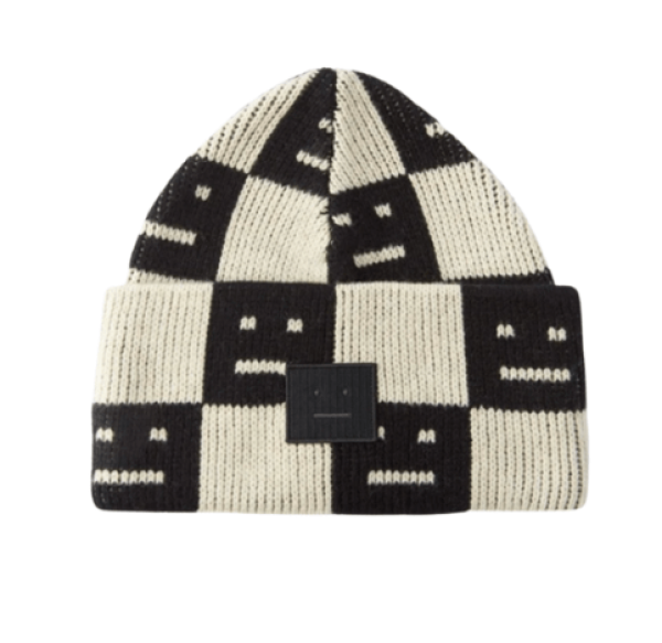 Acne Studios Jacquard Knit Beanie Hat Black Oatmeal Melange