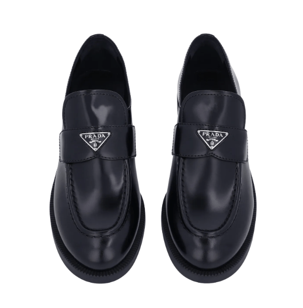(W) Prada Brushed Leather Loafers Black