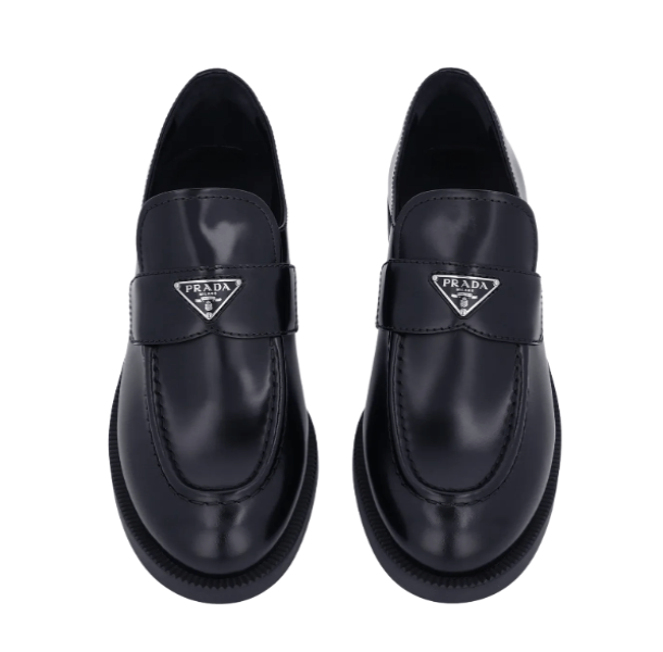 (W) Prada Brushed Leather Loafers Black