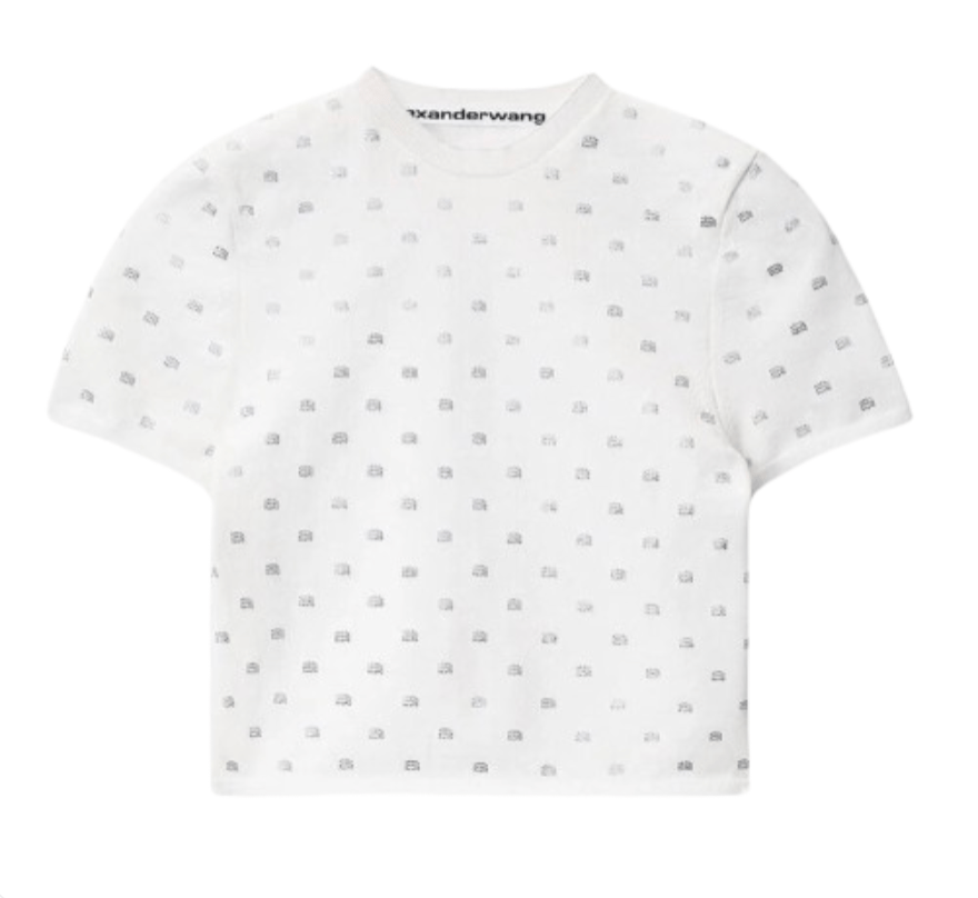 (W) Alexander Wang Nylon Crystal Logo Cropped T-Shirt White