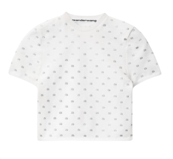 (W) Alexander Wang Nylon Crystal Logo Cropped T-Shirt White