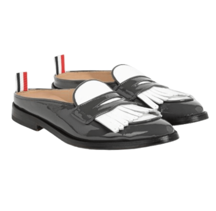 (W) Thom Browne Black and White Leather Penny Loafer Mules 
