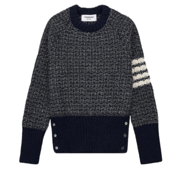 (W) Thom Browne Tuck Stitch Raglan Sleeve in Donegal 4-Bar Stripe Pullover Crewneck Navy