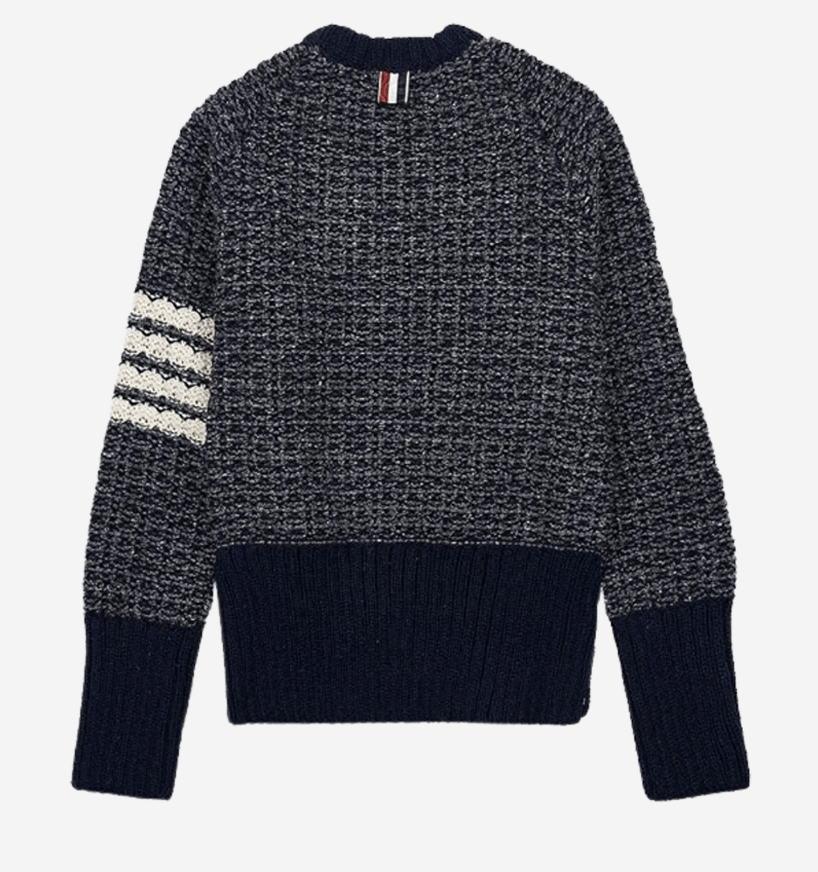 (W) Thom Browne Tuck Stitch Raglan Sleeve in Donegal 4-Bar Stripe Pullover Crewneck Navy