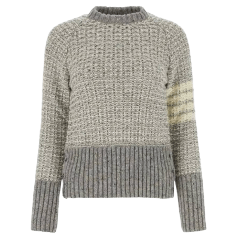 (W) Thom Browne Tuck Stitch Raglan Sleeve in Donegal 4 Bar Stripe Pullover Crewneck Light Grey