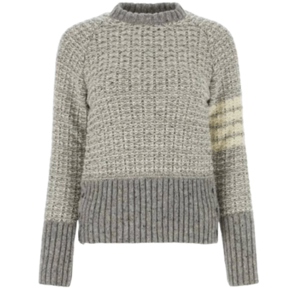 (W) Thom Browne Tuck Stitch Raglan Sleeve in Donegal 4 Bar Stripe Pullover Crewneck Light Grey