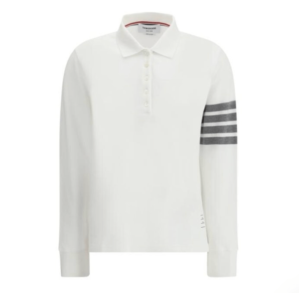 (W) Thom Browne 4-Bar Long Sleeve Polo Top White