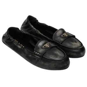 PRADA Triangle Logo Vintage-Effect Leather Loafers