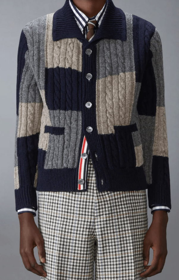 Thom Browne Donegal Patchwork Intarsia Mock Neck Cardigan Multicolor