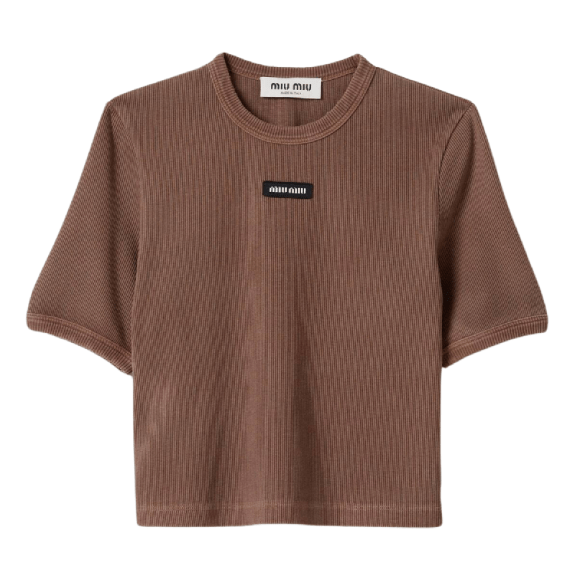 (W) Miu Miu Logo Patch Cropped T-Shirt Cocoa Brown