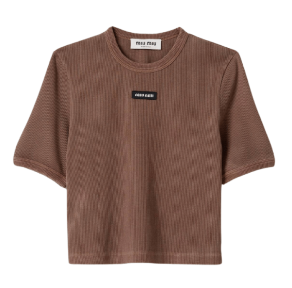 (W) Miu Miu Logo Patch Cropped T-Shirt Cocoa Brown