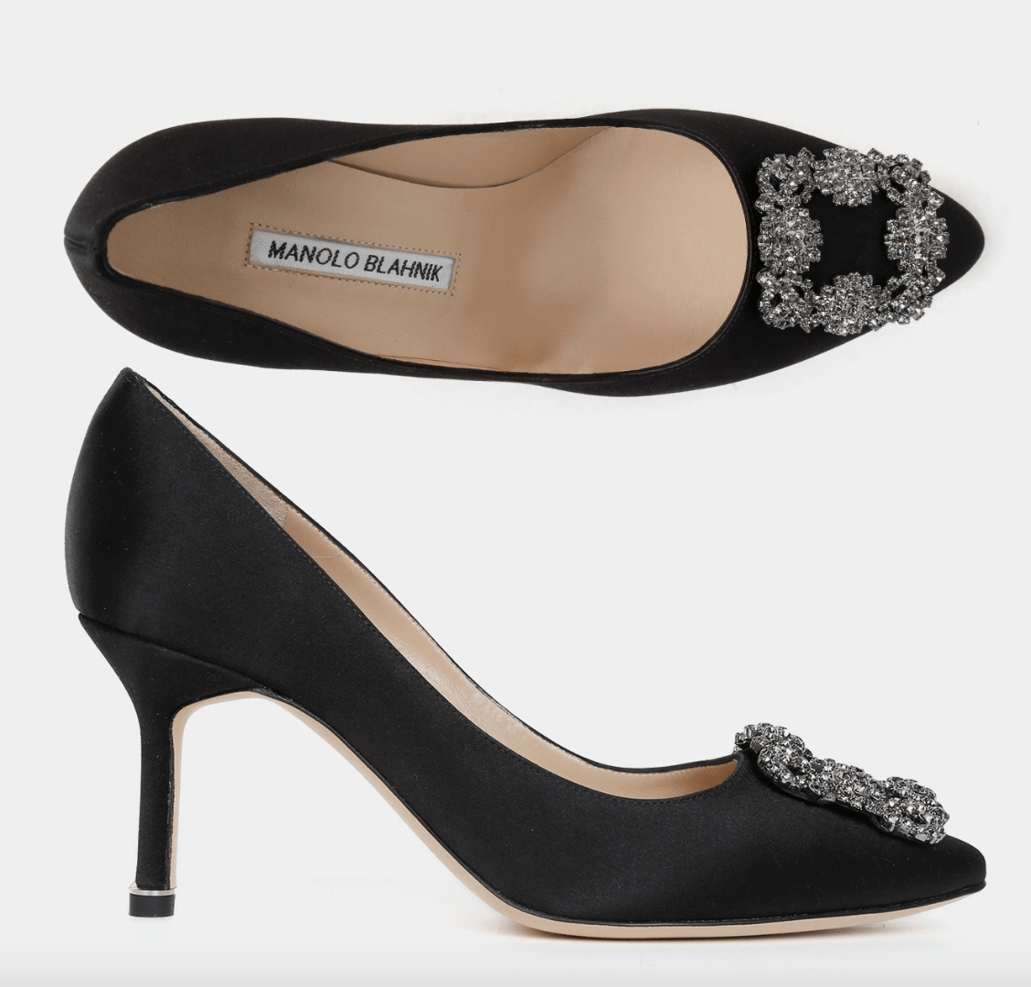 (W) Manolo Blahnik Hangisi 70 Black Satin Jewel Buckle Pumps