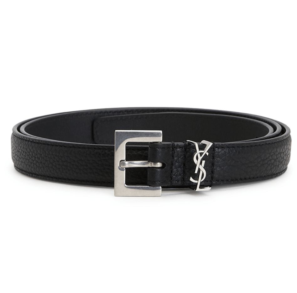 Saint Laurent Grained Leather Silver Monogram Slim Belt Black
