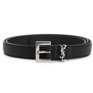 Saint Laurent Grained Leather Silver Monogram Slim Belt Black