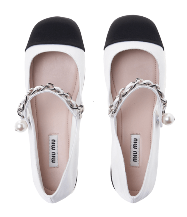 (W) Miu Miu Patent Satin Ballerinas White Black