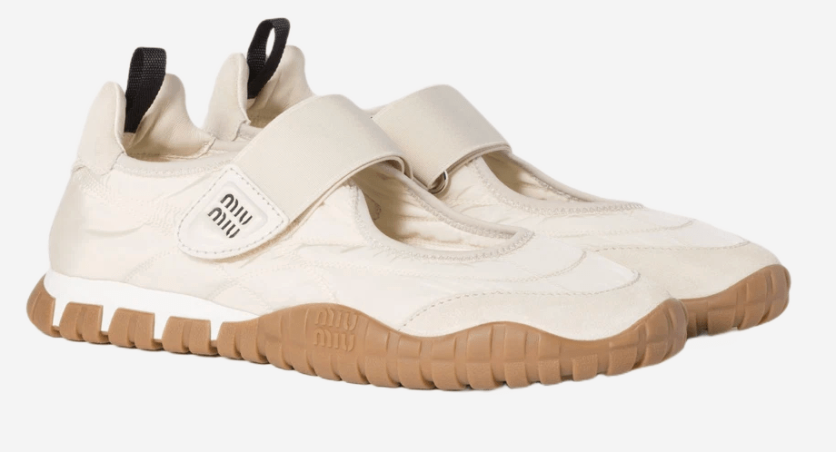 (W) Miu Miu Tyre Technical Fabric and Suede Ballerinas Ivory