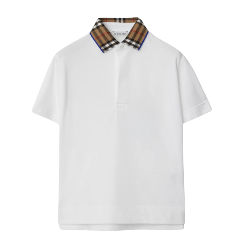 (Kids) Burberry Check Collar Cotton Polo Shirt White