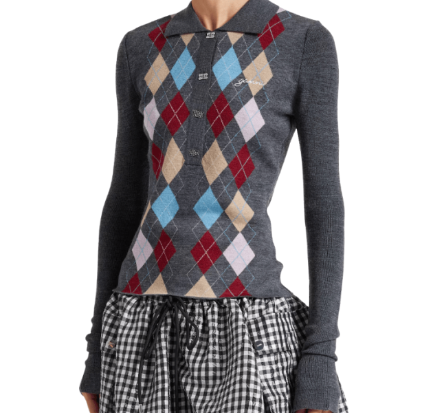 Argyle wool polo sweater in grey 