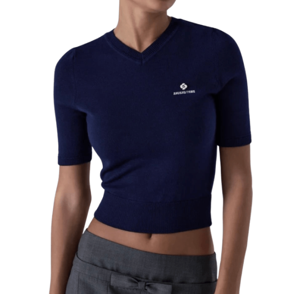 V-neck short sleeve knit sweater navy