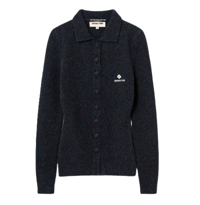 Shushu/Tong Women Lapel Fitted Cardigan Navy Blue 