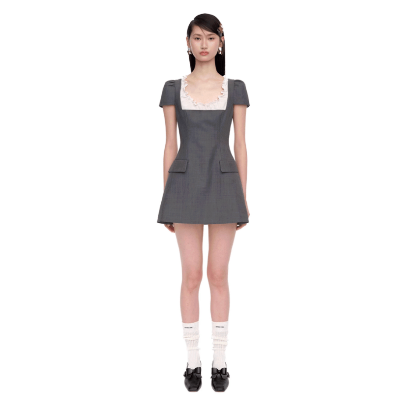 Shushu/Tong Women Scalloped Short Sleeve Dress Grey - 25FW