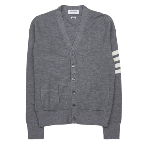 Thom Browne Fine Merino Waffle 4-Bar High V-Neck Cardigan Light Grey