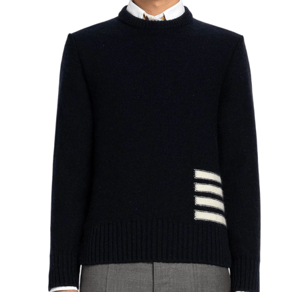 Thom Browne Jersey Stitch Donegal 4-Bar Crew Neck Pullover Navy