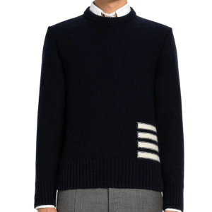 Thom Browne Jersey Stitch Donegal 4-Bar Crew Neck Pullover Navy