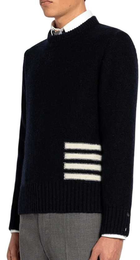 Thom Browne Jersey Stitch Donegal 4-Bar Crew Neck Pullover Navy
