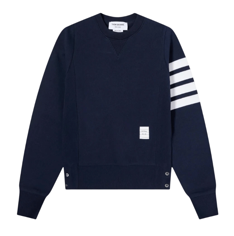 (W) Thom Browne Loopback Jersey Knit Engineered 4-Bar Stripe Crewneck Pullover Navy