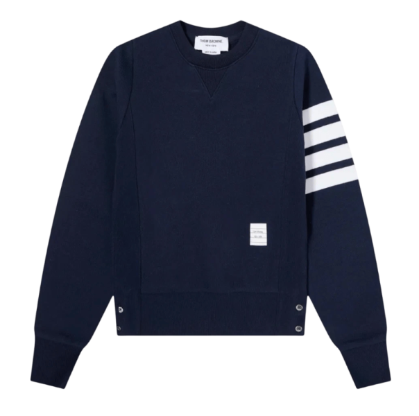 (W) Thom Browne Loopback Jersey Knit Engineered 4-Bar Stripe Crewneck Pullover Navy