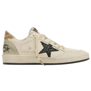 (W) Golden Goose Ball Star with Black Glitter and Gold Heel Tab White