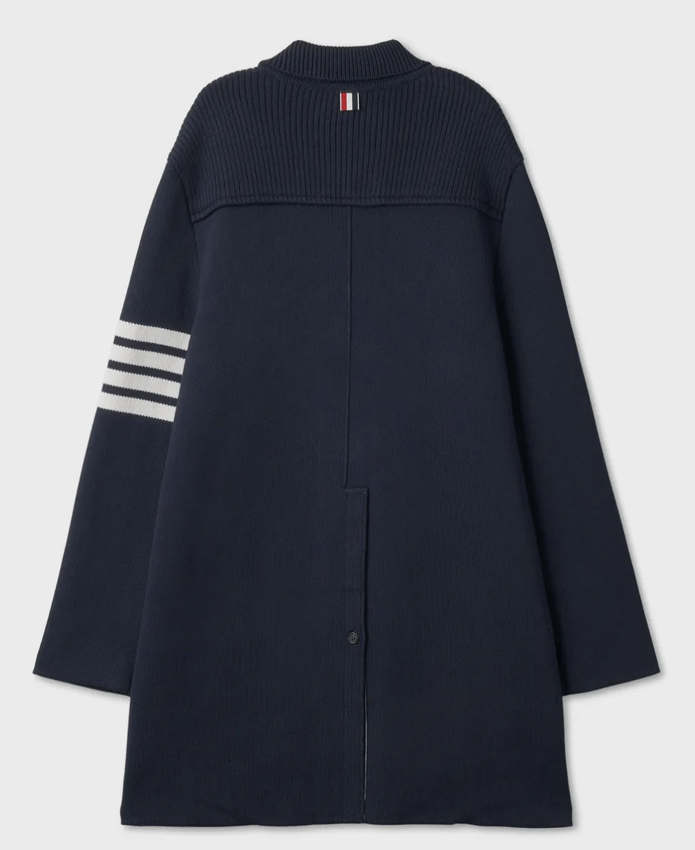 Thom Browne Cotton Cashmere Interlock 4-Bar Polo Collar Overcoat Navy