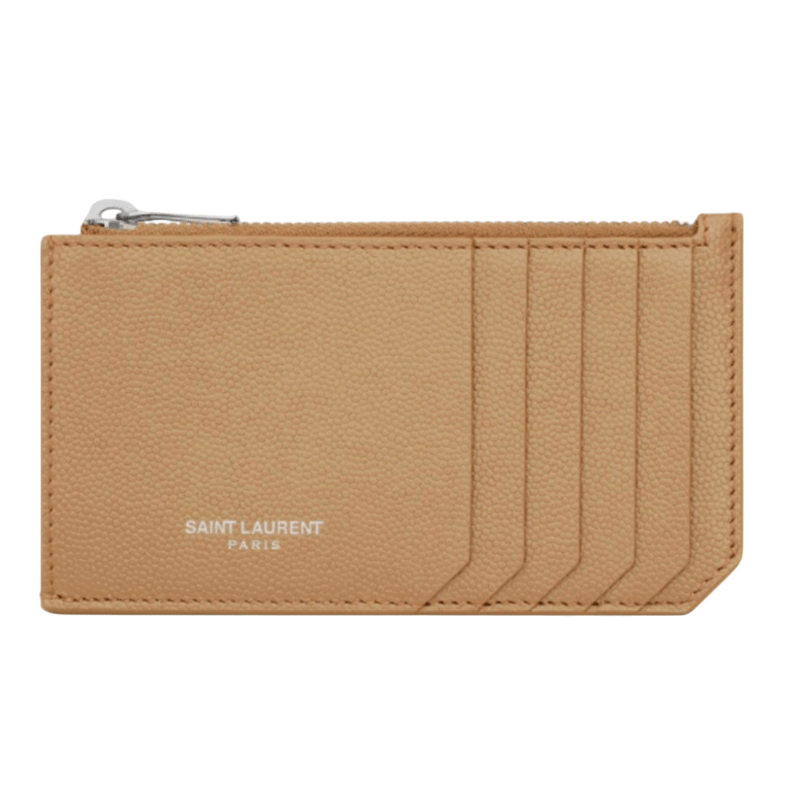 Saint Laurent Paris Fragment Zipped Credit Card Case in Grain de Poudre Embossed Leather Teak Wood