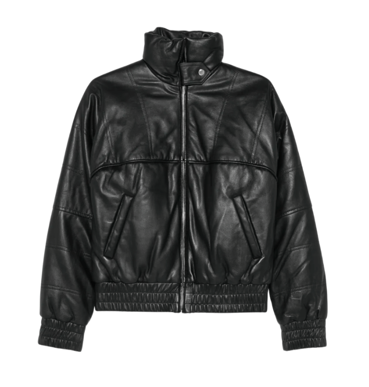 Black leather puffer jacket with asymmetric flap