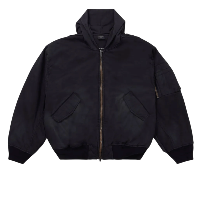 Distressed hooded cotton bomber jacket