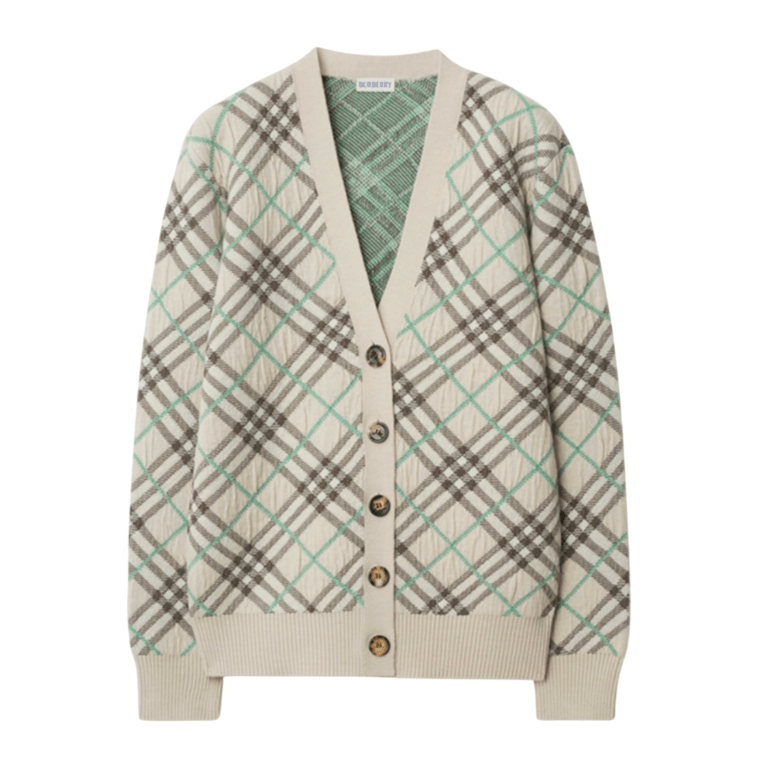 (W) Burberry Check Wool Mohair Blend Cardigan Husk