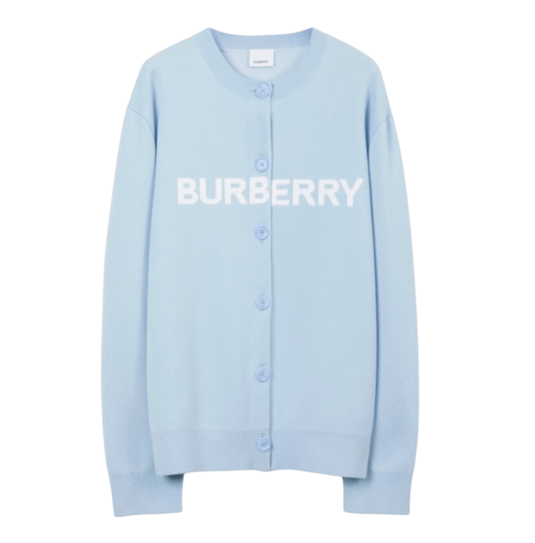 (W) Burberry Logo Wool Cotton Jacquard Oversized Cardigan Pale Blue