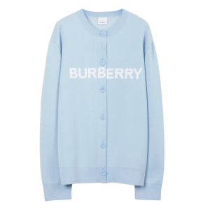 (W) Burberry Logo Wool Cotton Jacquard Oversized Cardigan Pale Blue