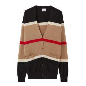 (W) Burberry Striped Cashmere Silk Cardigan Camel