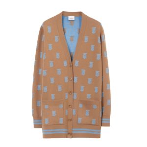 (W) Burberry Monogram Wool Silk Blend Oversized Cardigan Camel