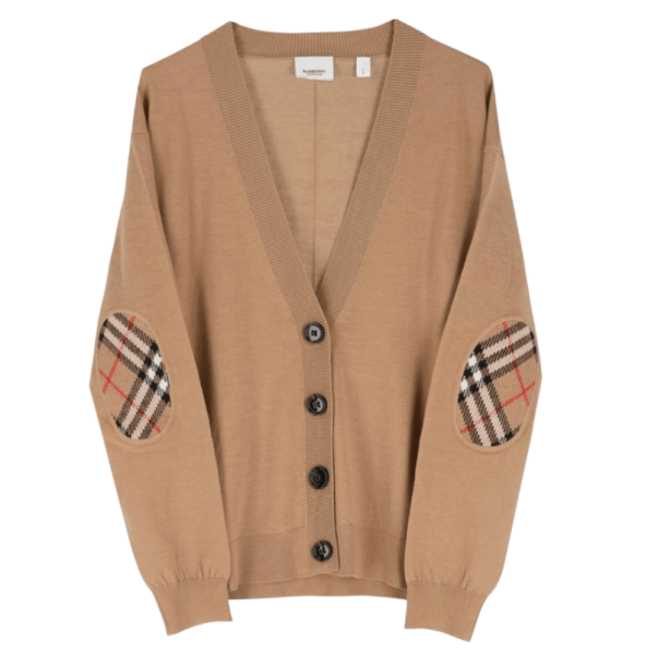 (W) Burberry Dornoch Vintage Check Elbow Patch Wool Cardigan Brown