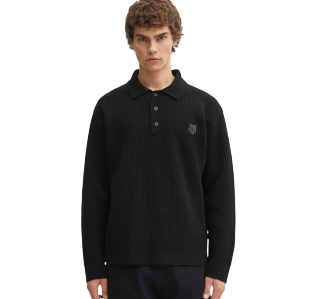 Maison Kitsune Fox Head Wool Ribbed Polo Jumper Black