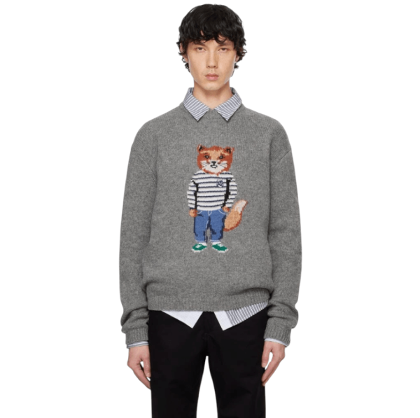 Maison Kitsune Dressed Fox Intarsia Wool Jumper Dark Grey Melange