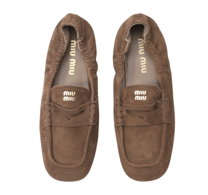 (W) Miu Miu Ruches Suede Loafers Oak