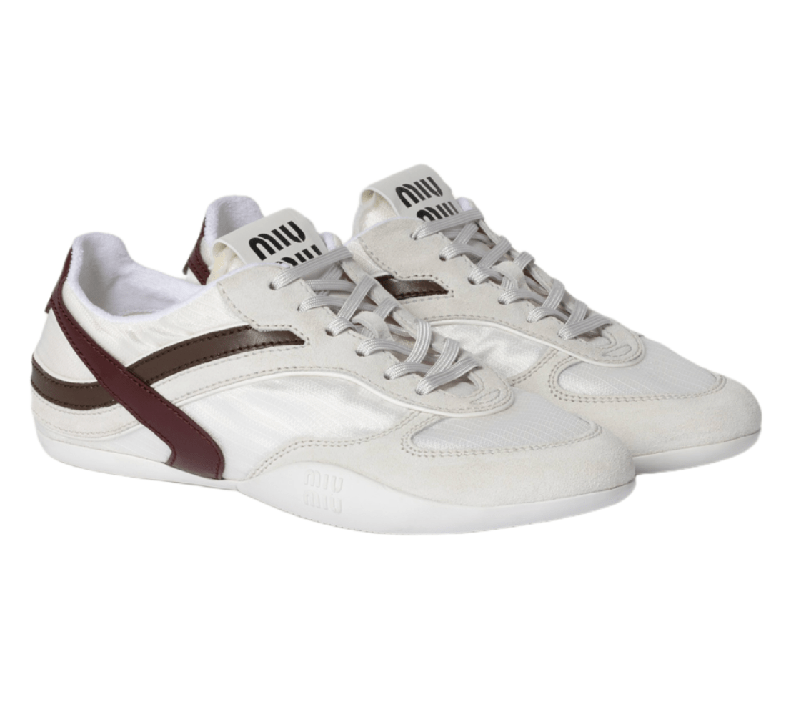 (W) Miu Miu Gymnasium Technical Fabric and Suede Sneakers White Burgundy
