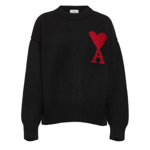 AMI De Coeur Felted Merino Wool Sweater Heather BLACK Red